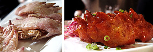 Fried coxcomb stuffed with pulled pork in a BBQ sauce.