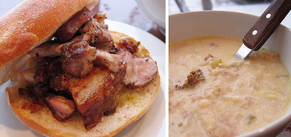 A porchetta sandwich and a bowl of cabbage and porchetta soup.