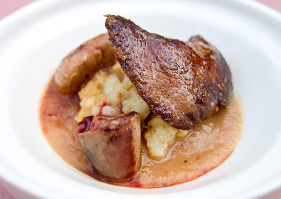 Heart, kidney, liver, on celery root, balsamic reduction
