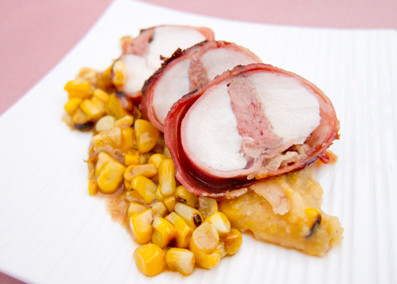 Rabbit saddle + liver + pancetta + meat glue + polenta + cobb corn + ox tail gravy