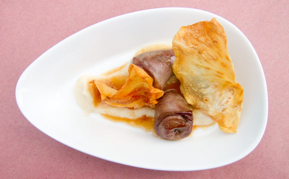 Duck heart in a braising liquid (chicken stock, butter) with celery root puree and chips. Loved the puree + chip combo.