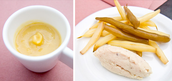 Starters: Squash soup w/rabbit shreds (left). Rillette with duck fat and pickled beans (right).