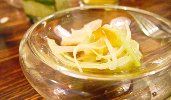 West coast geoduck, celery, and a soy-yuzu jelly. Lots of subtle flavours against the delicate taste of geoduck.