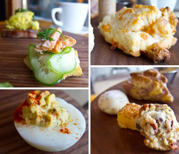 Clockwise from top left: Cucumber with smoked trout, cheddar scone, A bacon scone and Grandmother's cookies, devilled egg.