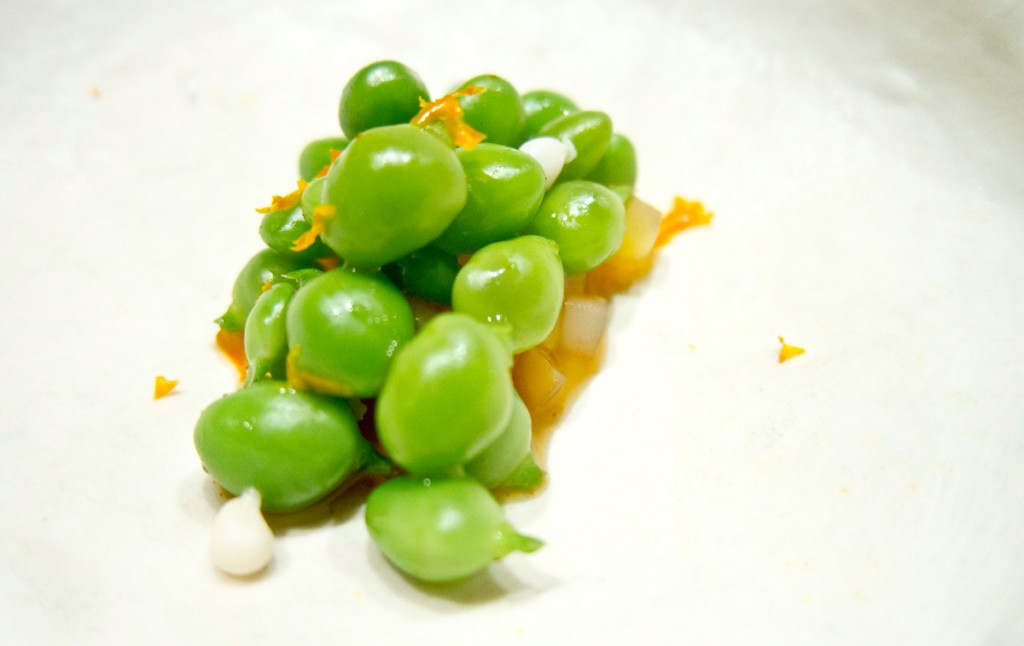 Peas Salad with Orca and Olluco. Lovely perfect little lágrima peas.