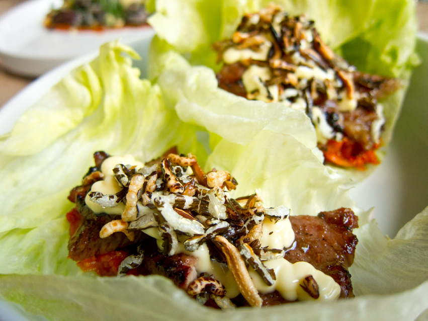 Beef short rib lettuce wrap, kimchip, Kewpie mayo, puffed wild rice