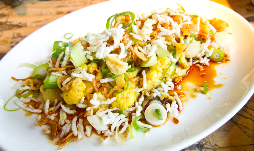 Fried Cauliflower Salad. Rujak, green onion, and puffed rice.