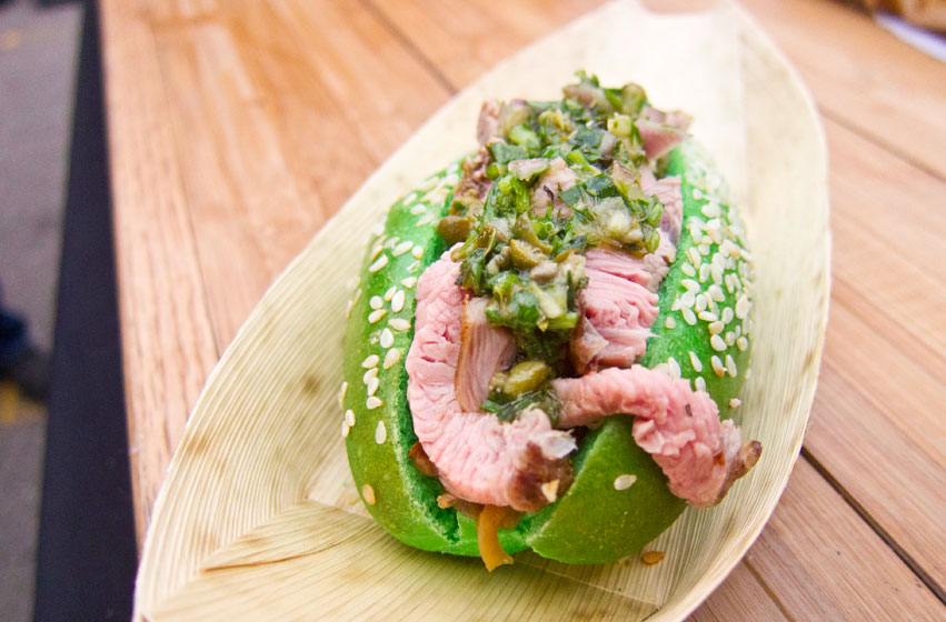 Roasted lamb sandwich with Green Goblin salsa verde