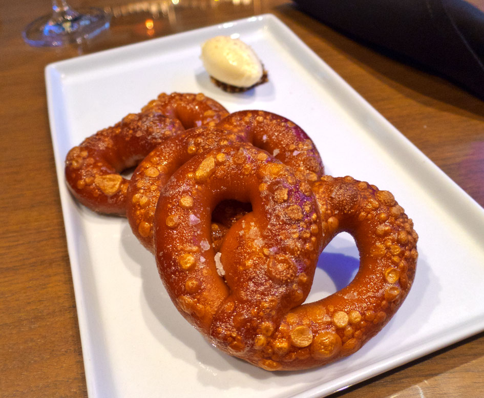 Pretzel with candied mustard seed and smoked butter. Fried, with a nice chew. Delicious, especially with that smoked butter.