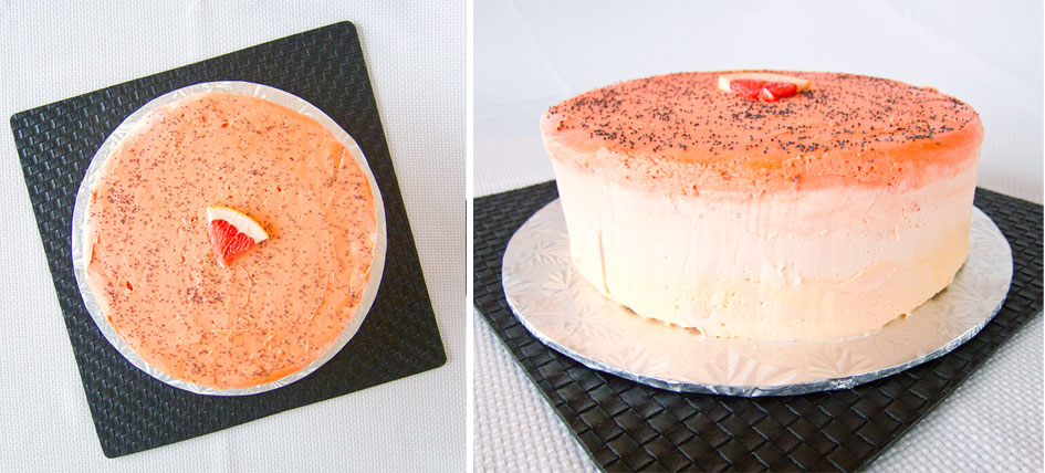 Andrew's poppyseed and grapefruit cake with white chocolate buttercream frosting. You can see the ombré action here.