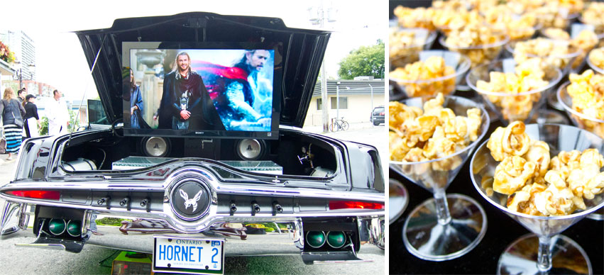 Not what you usually find in your trunk. Popcorn nibbles from Cineplex VIP to ease guests in.