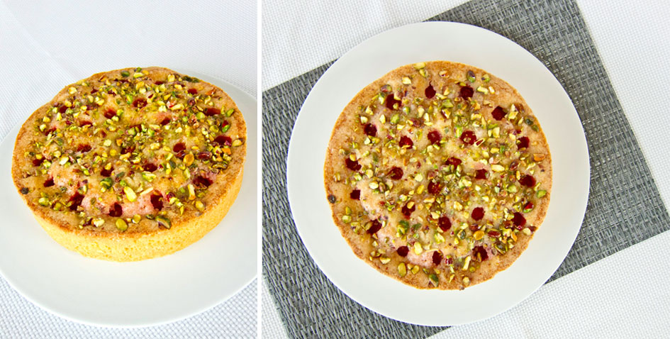 Edythe's lemon olive oil cake with pistachios and raspberries.